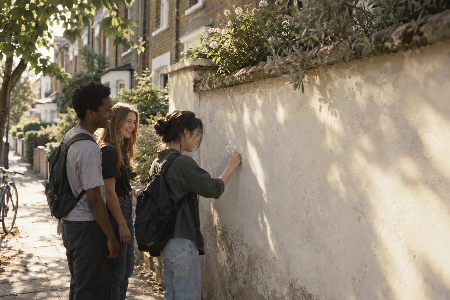 Three school friends sharing a small scribble on a sunlit neighborhood wall