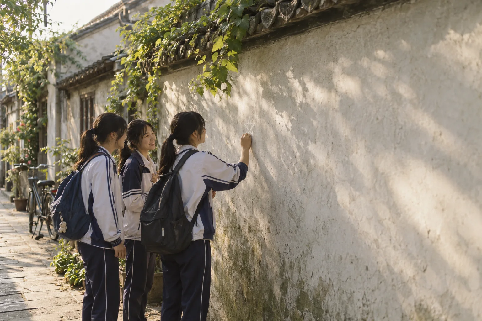 放学路上，三位穿校服的朋友在阳光下的墙边留下小小涂鸦